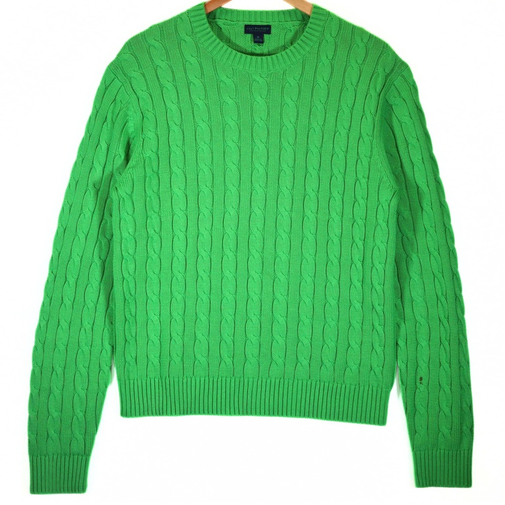 Lilly Pulitzer Sweater Women M Green Cable Knit Cotton Preppy Casual Crewneck